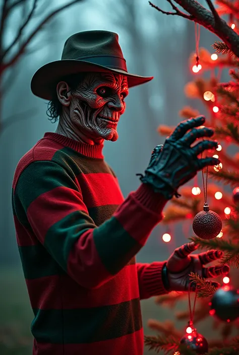 Freddy Krueger - Christmas in a Nightmare
Description of the prompt :  Freddy Krueger decorating a bizarre Christmas tree in a nightmare setting .  The tree is made of bones and red lights flash as if they were eyes .  Freddy has a blade glove modified to ...