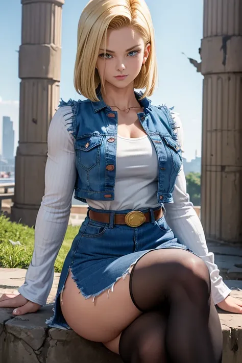 android 18, athletic body, muscle girl, breasts big, shorth hair loiro, blue eyes, smiling, waist belt, booties, tight blue denim mini skirt, golden necklace, black leotard, shorth blonde hair, striped long sleeves, earrings, open vest, denim vest, cowboy ...