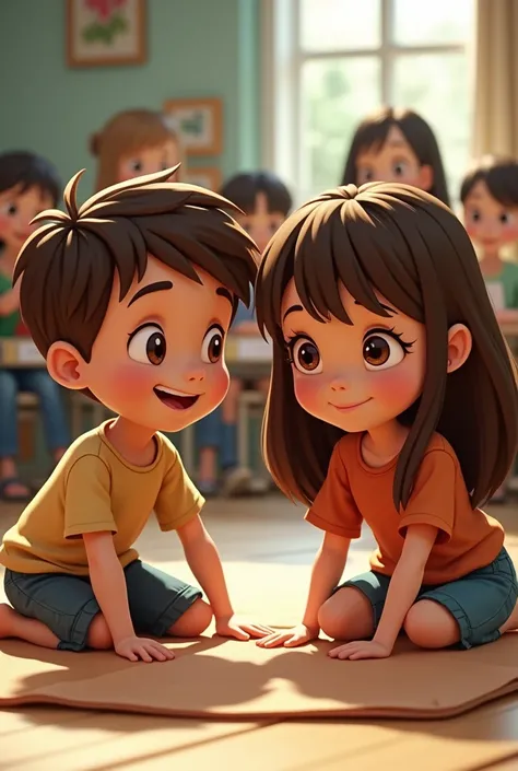 Disney cover: a small brown boy with short hair brushed to the side in brown with a very thin mouth and nose playing on a mat with a 20-year-old girl with long and straight brown hair and a smile and in the background a class from a school