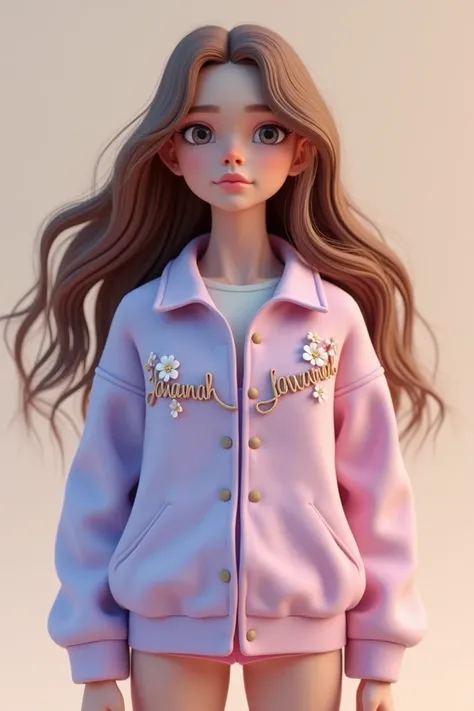 3D A girl with long brown hair and wearing a half light lavander half pastel pink jacket that says “jowanah wildflowers”