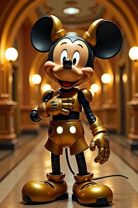 Micky mouse with robotic, golden armor plating and glowing round eyes. The mouse’s metallic body shines under the warm lights of a royal palace hallway. It stands in a slightly nervous pose, holding one hand to its chest while looking toward the viewer. Th...