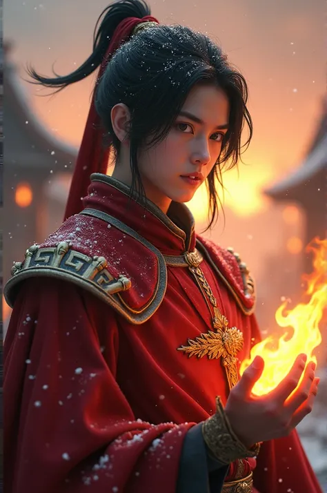  Young and handsome knight , black hair combed back in pigtails up , with a red pigtail tie of gold ornament , wears red combat robe gold ornament fire controller, flaming fiery hand , standing gallantly against the backdrop of a burning village ,sharp sta...