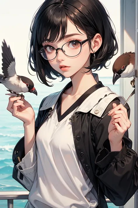 Black hair, glasses, feeding Java sparrows