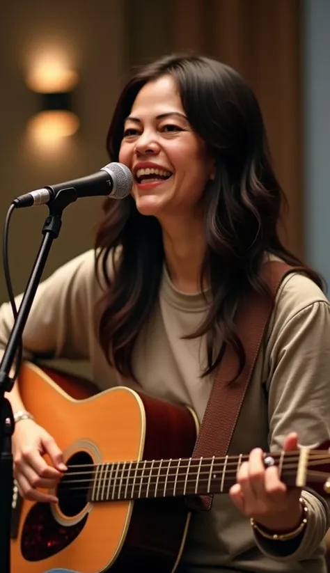 Maintain character consistency based on the uploaded photo. Create an image of her playing the guitar and singing, with Indonesian-Chinese features, in a realistic contemporary style. Use a Canon EOS R5 Mark II camera and Canon EF 85mm f/1.4L IS USM lens.