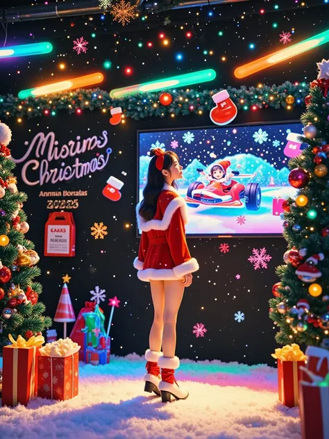 In a 3D cartoon game scene, a woman dressed in Christmas attire, with a slim figure, immerses herself in a fun filled game room, and the entire picture is full of vitality and excitement. The lights in the room are colorful, with a "2025" poster hanging on...