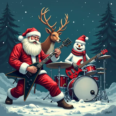 Je veux un groupe de metal avec le père noel avec une guitare flying v, un renne avec une basse et un bonhomme de neige à la batterie. Peux tu me faire une image en format 16/9 ?