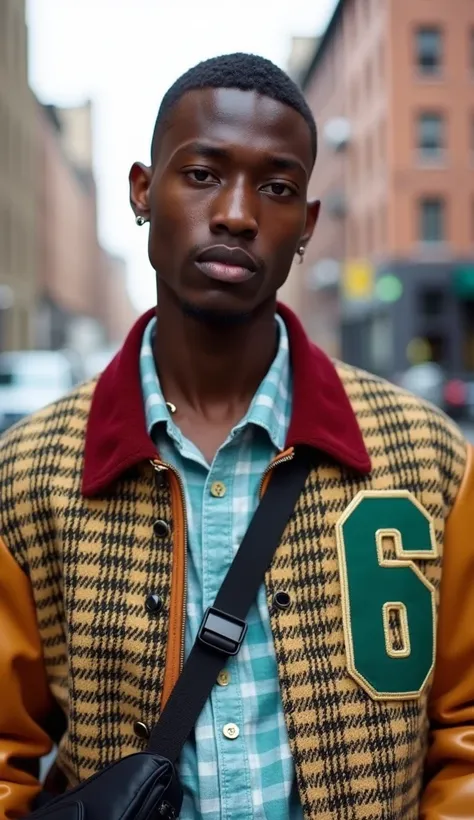 A close-up street-style portrait of a coloured young man exuding confidence and individuality. He wears a statement varsity jacket with a bold houndstooth pattern on the body, tan leather sleeves, and a deep red collar, accented by a prominent green number...