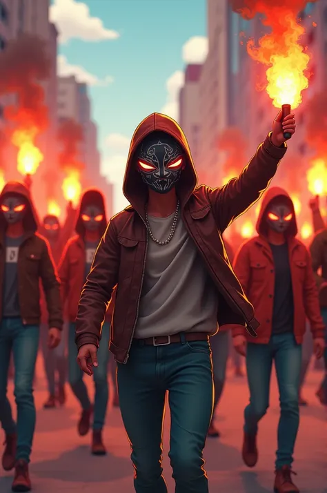 draw me an animated picture of a group of hooligans in cool casual masks, carrying flares
