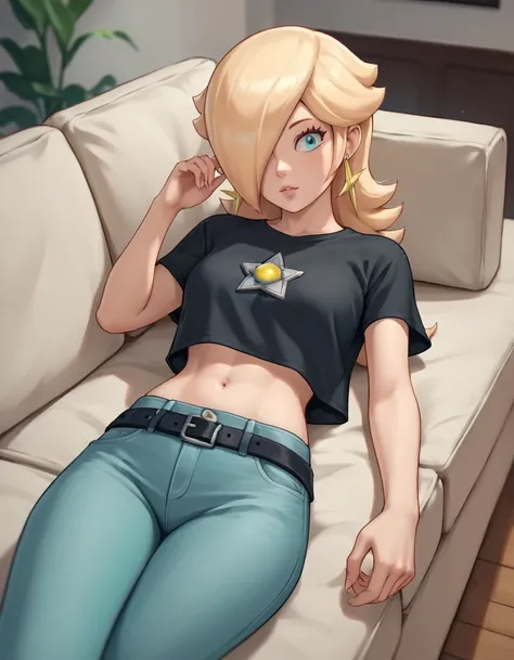 score_9, score_8_up, score_7_up, source_anime, rosalina, blonde hair, blue eyes, hair over one eye, long hair, star earrings, solo, cowboy shot, black t-shirt, taut clothes, midriff, navel, jeans, black belt, laying on sofa