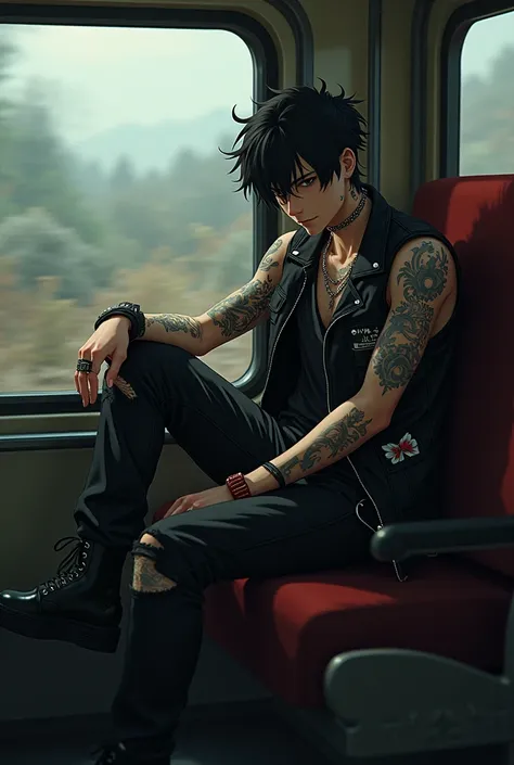 A anime  bad boy telling a story sitting in train front view