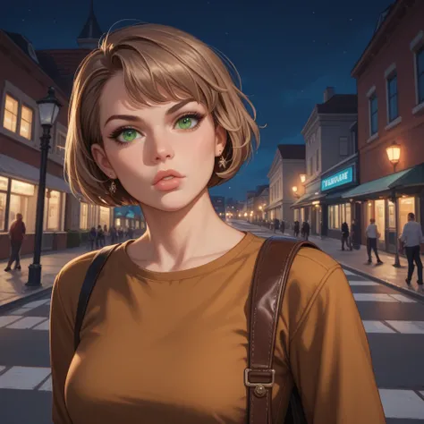 brown, neck length short haired, green eyed, round faced, narrow mouth, full lips, nice breasted, large and tall, serious looking, feminen lady is walking next to the building in a streets sidewalk at night, dark sky, near of the building, cinematic view, ...