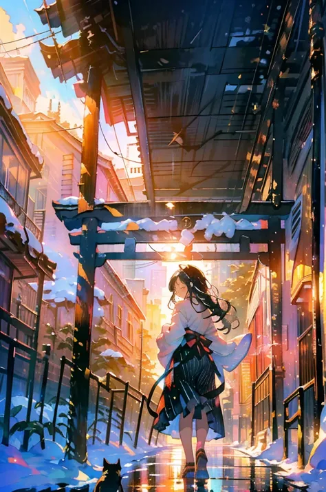 ((masterpiece:1.2)), (( top quality :1.2)),  1 woman (( flowing black hair , A figure walking with a black cat through the city:1.5), A womans gaze is focused on a black cat, ((whole body:1.3,)), background(Beautiful Dawn , snowの積もったヨーロッパの街, The sun rises ...