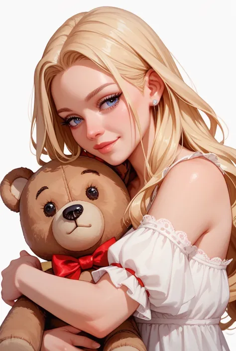  1 girl,  high definition , masterpiece, Blonde,  long hair, teddy bear,  Hug,  smiles,  simple background, Character portrait, 