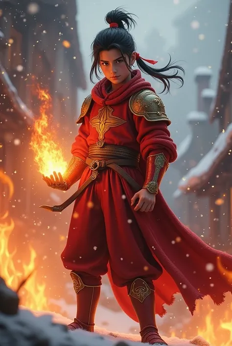  Young and handsome knight ,black hair neatly combed back in a pigtail up, with a red pigtail tie of gold ornament , wears red combat robe gold ornament, red pants , red shoe gold ornament ,fire controller , flaming fiery hand , standing gallantly against ...