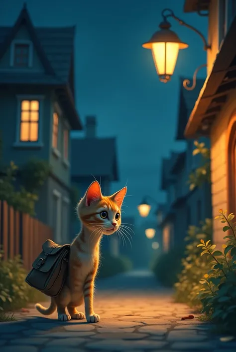 a small cat in night wearing a small bag and leaving his house 