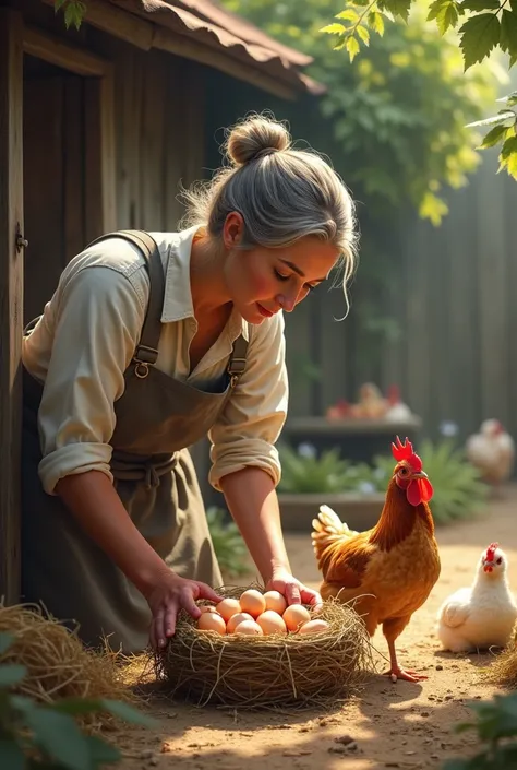 Realistic woman gathering eggs 