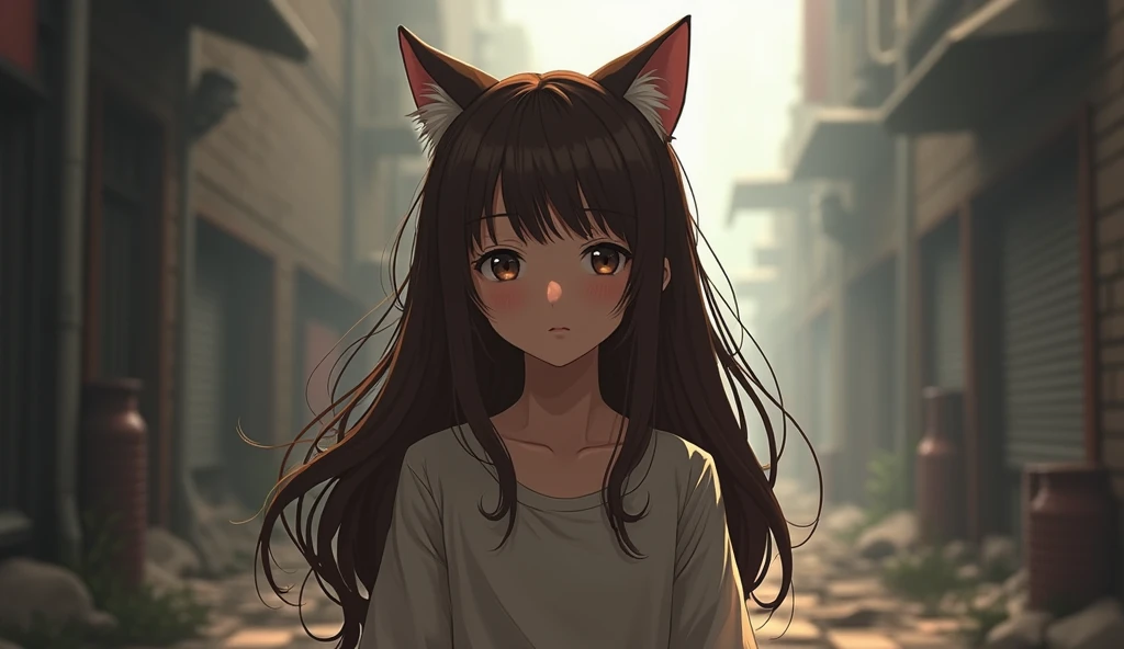 Girl with cat ears, long brown hair in the style of dying light in anime style