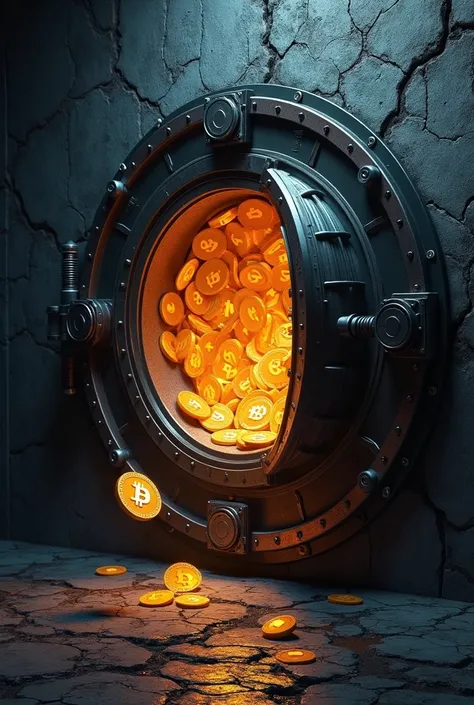 “Illustrate an eerie, hyper-realistic image of a digital vault with millions of unspent Bitcoins floating inside it. The vault is surrounded by a shadowy aura, and the Bitcoins glow with an unnatural light, casting long shadows on the vaults walls. The sur...