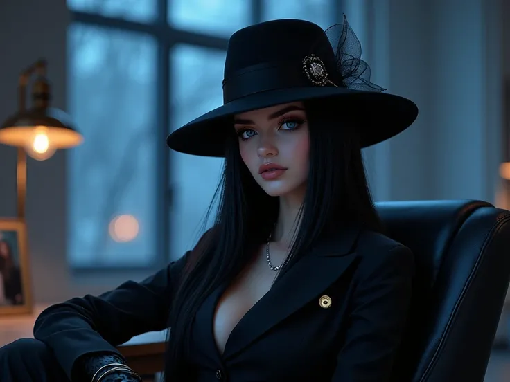 ( masterpiece), ( The Best Quality : 1.1) ( ultra detailed )  ilustration style , ( portrait: 1.1)  IN A MODERN OFFICE WITH ELEGANT AIR AND RAINY WINDOWS ,  A NIGHT LIGHT SHE IS SITTING IN A LARGE BLACK LEATHER CHAIR while she is turned in her profile with...