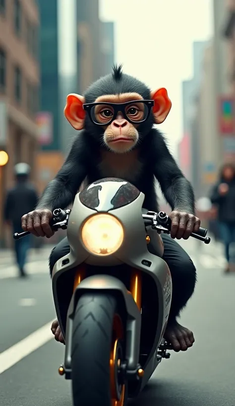 Monkey wearing black glasses and riding a bullet bike. Real photo 