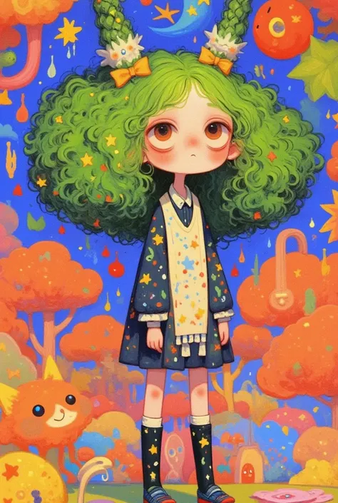   Big Girl with Curly Hair ,Stand in a room , Broccoli Hair   ,     exquisite and detailed digital art   ,  Colorful illustration , Lovely art style, 可爱的数字艺术,   cute illustration  ,  可爱的细节艺术品   , Colorfull illustration,    Art on Artstation   ,    a beauti...