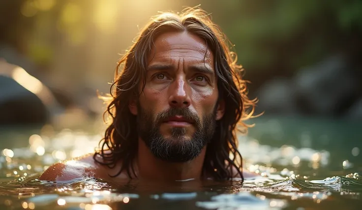 A close-up, ultra-realistic depiction of Jesus being baptized in the Jordan River. His face is peaceful, and water droplets glisten on His skin as a radiant light shines around Him. Rendered in 16:9."