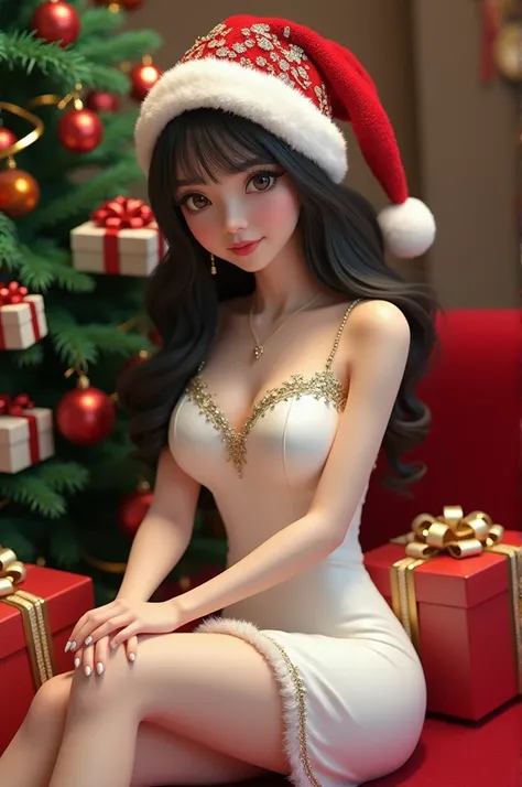 Mature female Korean idol beautiful white sexy black hair wearing santa dress sitting next to christmas tree with christmas present around her wearing santa hat inscribed VIA 3D animation