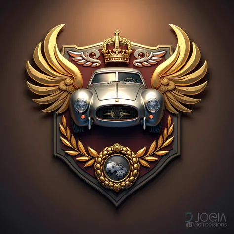 An ornemented badge，((very intricate)), (masterpiece), wings, sports symbols, (Medallion with a close-up of a metal car)，tlaurel crown，((hearthstone art style)), Hearthstone style art, hearthstone concept art, Riot game concept art, style of league of lege...