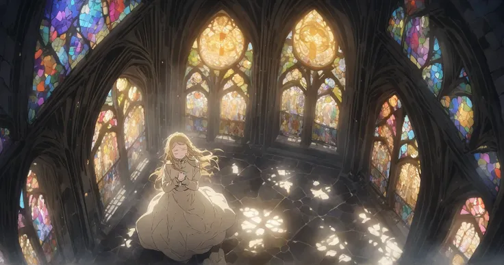 church, one girl, blonde hair,  stained glass,  wide angle, anime keyvisual, in PSYCHO-PASS style, best quality, masterpiece, perfect anatomy, cinematic lighting, caustics, wide shot, from above, hand focus, closed eyes, hands on own chest, cry