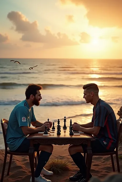 You are a professional 3D designer  :  I want to design a picture of Messi and Cristiano Ronaldo playing chess by the sea at dawn in 4K