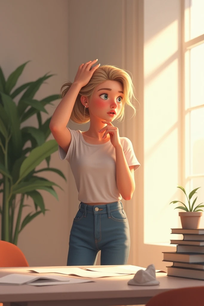 
 A young, blond woman ,   in a modern and minimalist environment ,  with simple and elegant decor . The lighting is soft and cozy ,  creating an atmosphere of thoughtfully scratching my hand on my head with paper of my project in hand