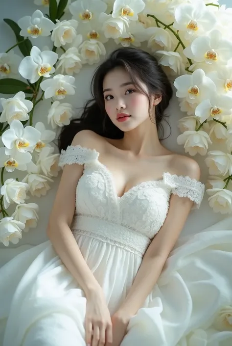 A 16K UHD fine art portrait of a beautiful asian woman chubby looking at the camera with a top-quality ultra-detailed masterpiece. She is lying on a bed of white orchids and wearing a white  dress with lace details. Wearing hijab. The surroundings are surr...