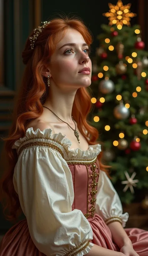 A Renaissance style image, a woman looking into space, on her lap a  with beautiful brown eyes and red hair, white and pink skin, she is dressed in a Renaissance dress, the scene transmits calm, a balanced and harmonious composition. The ladys face express...