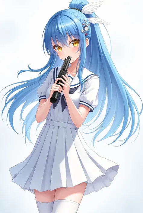 Anime, blue hair, long hair, white school dress, yellow eyes, hair tie with wings, straight waist, wearing white stockings, holding a pistol