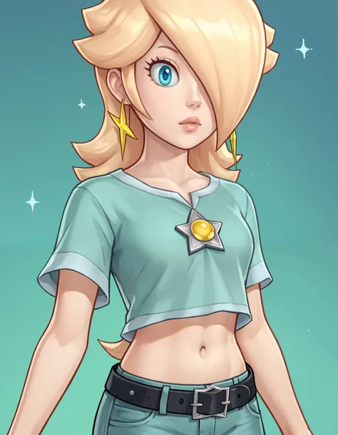 score_9, score_8_up, score_7_up, source_anime, rosalina, blonde hair, blue eyes, hair over one eye, long hair, star earrings, solo, cowboy shot, black t-shirt, taut clothes, midriff, navel, jeans, black belt