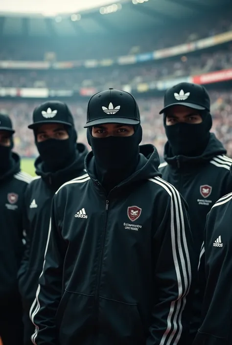 draw me a picture of a group of hooligans in thief masks, and wearing adidas hats and jackets in a stadium