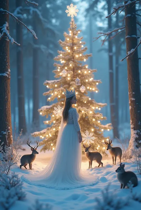 a girl stands in an evening winter forest dressed as a modern Snow Maiden. In the background is a large lush Christmas tree, it glows with beautiful lights, forest animals are sitting next to the girl