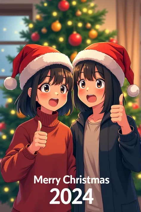 Draw a father, forty years old, and a daughter,sixteen years old, father with very short nearly shaved up brown hairr and the dugther with medium long Black hair and strong eyeliner in front of a Christmas tree with there thumbss up and Happy Face towards ...