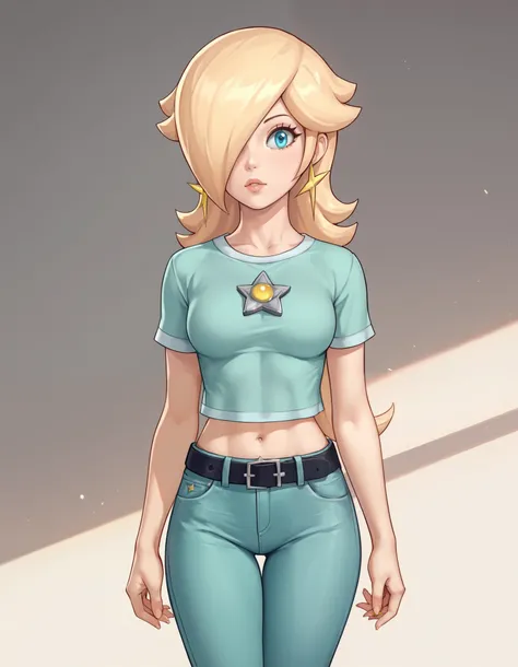 score_9, score_8_up, score_7_up, source_anime, rosalina, blonde hair, blue eyes, hair over one eye, long hair, star earrings, solo, cowboy shot, black t-shirt, taut clothes, tight shirt, lower midriff, navel, jeans, black belt