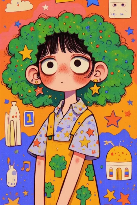   Big Girl with Curly Hair ,Stand in a room , Broccoli Hair   ,     exquisite and detailed digital art   ,  Colorful illustration , Lovely art style, 可爱的数字艺术,   cute illustration  ,  可爱的细节艺术品   , Colorfull illustration,    Art on Artstation   ,    a beauti...