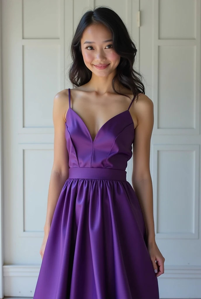 Indonesian girl standing full body with purple cutting edge dress isolated ((Masterpiece, best quality)), detailed skin, highly detailed, cinematic lighting, ultra realistic, blush. Her hair is elegantly styled, falling softly to chin length, malicious smi...