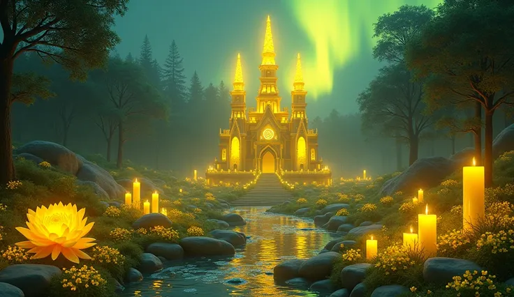  fantasy temple with peaked towers of yellow light ,  the temple has 3 small balls of beautiful yellow light on the top,  at night,  clear sky  con la aurora boreal amarilla de color amarillo,  3 yellow unicorns with yellow horns ,  3 very large yellow ros...