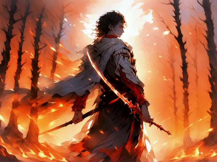  A flaming warrior in a burning forest ,  his glowing sword held up as the surrounding fire seems to respond to his unbreakable spirit.  His gaze is determined and his body exudes power , symbolizing sacrifice and honor .  The firelight illuminates the sce...