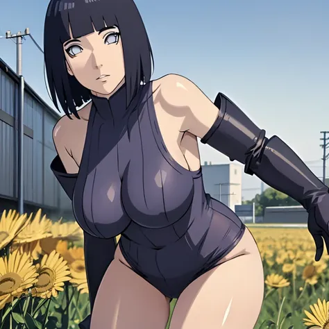 A girl with a a dark blue hime cut hairstyle, white eyes, large breasts, slender and curvaceous body, wearing a female ninja armor on field