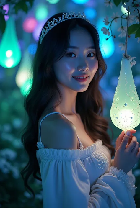 photography of smiling beautiful korean woman chubby, fat face,  in a surreal mystic garden filled with Christmas ornaments, long dark blonde hair loose waves and Christmas outfit with intricate glowing details, smooth glowing skin glowing softly in the co...