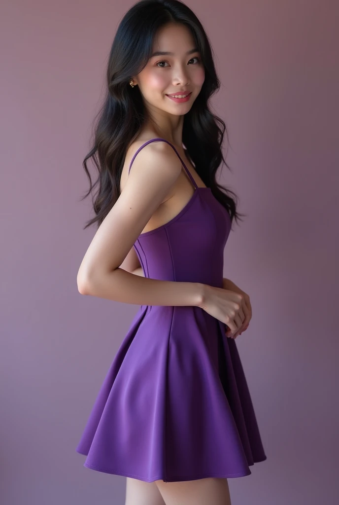 Asian girl standing full body with short purple dress isolated ((Masterpiece, best quality)), detailed skin, highly detailed, cinematic lighting, ultra realistic, blush, looking at viewer. Her hair is elegantly styled, falling softly to chin length, malici...