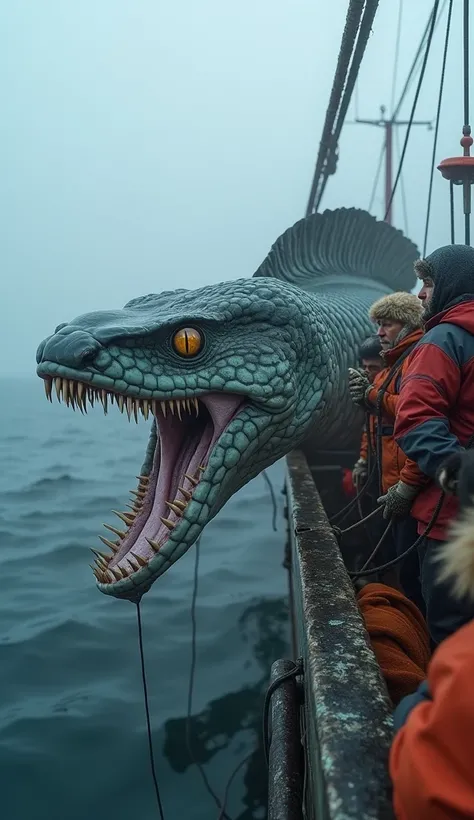 A hyper-realistic photograph of a giant, serpent-like creature with iridescent scales and a jagged dorsal fin, draped over the edge of a weather-beaten Nordic fishing trawler. The serpent’s piercing golden eyes and open mouth reveal rows of needle-like tee...