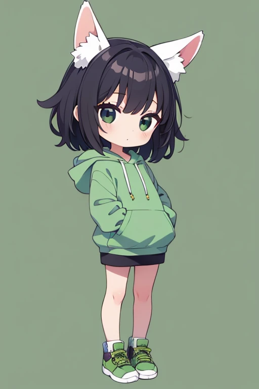 1girl, gray hoodie,black hair,black eye,medium hair,chibi,standing, full body,green stand at attention,background, green background,タレ目,うさ耳