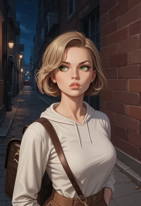 brown, neck length short haired, green eyed, round faced, narrow mouth, full lips, nice breasted, large and tall, serious looking, feminen lady is walking next to a brick wall in an alley with garbage containers, at night, dark sky, she wears grey long sle...