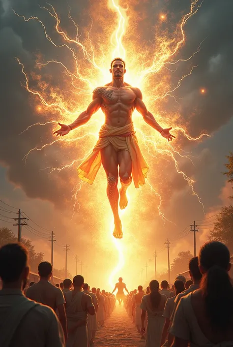 Depict Sango transforming into a god. Flames and lightning engulf him as he rises into the heavens, his figure glowing with divine energy, while villagers watch in awe."